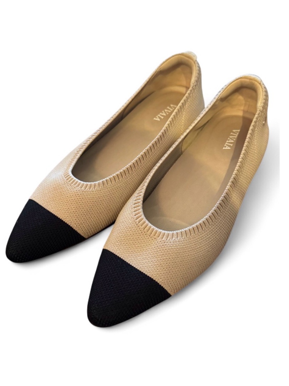VIVAIA Beige and Black Pointed Toe Ballet Flats